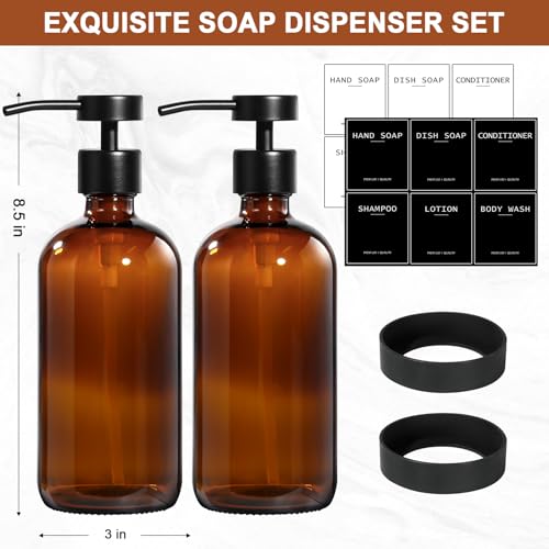 RYTOXILO Hand Soap Dispenser for Bathroom 2 Pack, Amber Glass Soap Dispenser with Stainless Steel Pump, 16.9 Fl oz Hand and Dish Soap Dispensers Set Kitchen, Modern Brown Soap Lotion Dispensers Bottle - color: Amber, size: 2 Pack