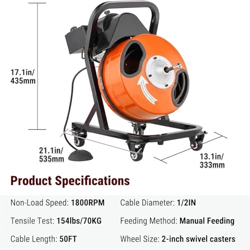 50FT x 1/2 Inch Drain Cleaner Machine, Electric Drain Auger on 4 Wheels for 1"-4" Pipes, Enclosed Metal Drum with 4 Cutters & Pneumatic Foot Switch, Sewer Snake Auger - style: 50FT x 1/2inch