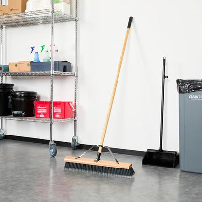 Restaurantware-Clean Tek Professional 24 Inch Push Broom, 1 Heavy-Duty Broom with 60” Handle - Medium Plastic Bristles, Durable, Wooden, Commercial Use, for Deck, Driveway, Garage, Yard, Patio