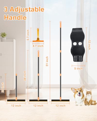 3 in 1 Carpet Rake for Pet Hair Removal Tool, 51” Adjustable Long Handle Pet Hair Removal Broom, Pet Grooming Brush, Cat Dog Hair Remover Carpet Scraper for Rugs, Mats - color: Orange-Black