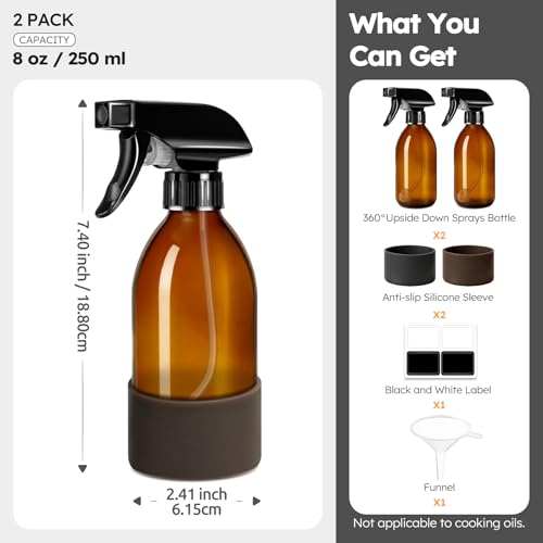Tecohouse 2 Pack 360° Amber Glass Spray Bottles with Silicone Sleeve, 8 oz Empty Refillable Containers with Adjustable Spray Nozzles, Dark Spray Bottles for Cleaning Solutions, Plants (Black & Brown) - color: Amber, size: 8OZ