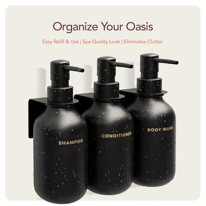 Black Soap Dispenser Set for Bathroom – 3-Packs Refillable Bottle Set, Soft Touch Pump Bottles Wall Mount Hooks Stickers Glue with Vanity Sink Placement Modern Design