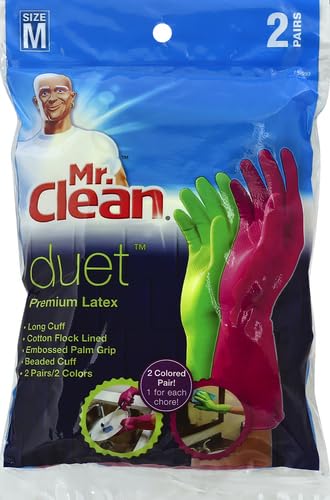 Mr. Clean Duet, Natural Latex, Beaded Cuff, Cotton Flock Lining, Non-Slip Grip Gloves, Medium