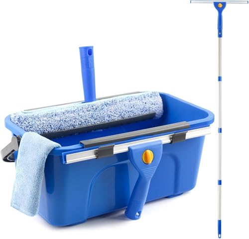 Window Cleaning Kit with Bucket 3 Gallon, 14" Window Squeegee and 15" Scrubber with 61" Long Handle, Professional Window Washing Equipment Cleaner Tool for Home Outdoor Commercial Use