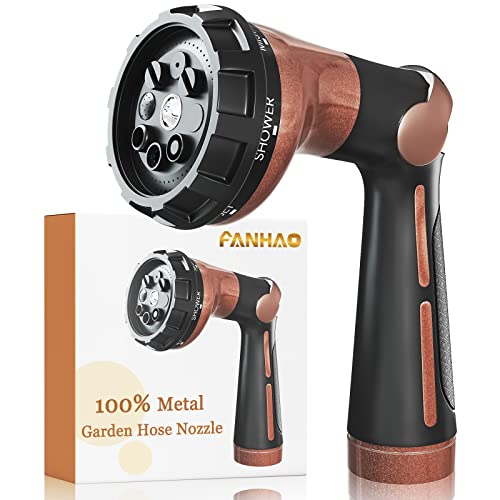 FANHAO Garden Hose Nozzle, 100% Heavy Duty Metal Water Hose Sprayer with 8 Spray Patterns, High Pressure Water Nozzle with Thumb Control, On Off Valve for Watering Plants, Washing Cars & Pets, Brown - color: Brown