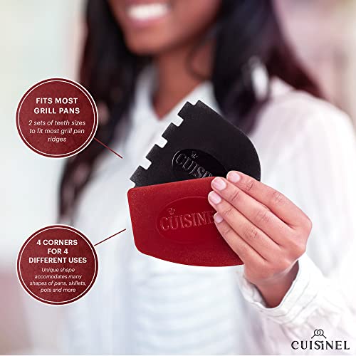 Cuisinel Cast Iron Chain Mail Scrubber + Cleaning Brush + Pan & Grill Scrapers - The Ultimate Skillet and Grill Cleaner Kit - Soft-Touch Confident-Grip Dish Scrub Tool - Silicone/Stainless Accessories - color: Red, size: Full Set