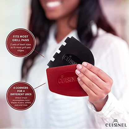Cuisinel Cast Iron Chain Mail Scrubber + Cleaning Brush + Pan & Grill Scrapers - The Ultimate Skillet and Grill Cleaner Kit - Soft-Touch Confident-Grip Dish Scrub Tool - Silicone/Stainless Accessories - color: Red, size: Full Set