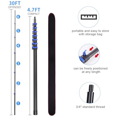 Carbon Fiber Extension Pole 4.7-30FT Telescoping Paint Roller Extendable Pole Lightweight Sturdy Extension Poles with Universal Threaded Head Multi-Use Pole - size: 30 Feet