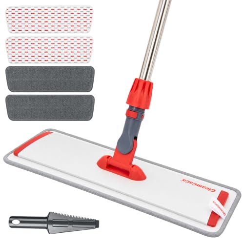 Aluminum Alloy Flat Mop System for Floor Cleaning, 62" Stainless Steel Handle, 4 Reusable Machine Washable Mop Pads for Wet & Dry Mopping on Hardwood, Laminate, Vinyl & Tile Floors
