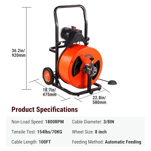 Drain Cleaner Machine, 100FT 3/8 Inch Upgraded Electric Feed Sewer Snake, Wheeled Telescopic Portable Drain Cleaner with 4 Cutters & Air-Activated Foot Switch for 2" to 4" Pipes - style: 100FT x 3/8inch