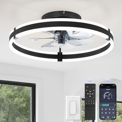ZMISHIBO Ceiling Fans with Lights and Remote, 19.7'' Low Profile Ceiling Fan, 3000-6000K Dimmable Modern Flush Mount LED Fan Light, 6 Wind Speeds, Black Fandelier Ceiling Fans for Bedroom - color: Black, size: 19.7 INCH