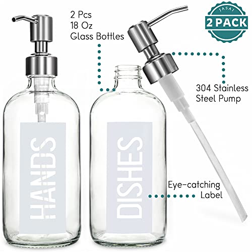 JASAI 2Pack 18OZ Glass Soap Dispenser with Rustproof 304 Stainless Steel Pump, Kitchen Soap Dispenser for Hands & Dishes (White) - color: White With White Pump