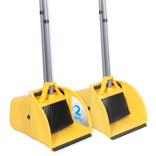 Commercial Broom and Dustpan Set, Jumbo Lobby Debris Dustpan (14inch*14inch), Heavy Duty Broom (14inch Width),for Indoor and Outdoor Cleaning,2 Sets, Yellow