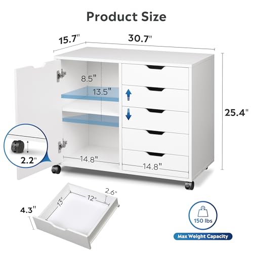 DEVAISE 5-Drawer Wood Drawer Cabinet, Office Storage Cabinet with Adjustable Shelf & Wheels, Printer Stand for Home Office, White - color: White