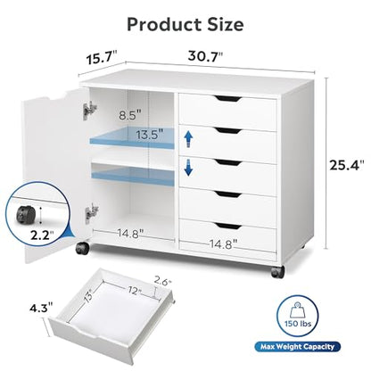 DEVAISE 5-Drawer Wood Drawer Cabinet, Office Storage Cabinet with Adjustable Shelf & Wheels, Printer Stand for Home Office, White - color: White