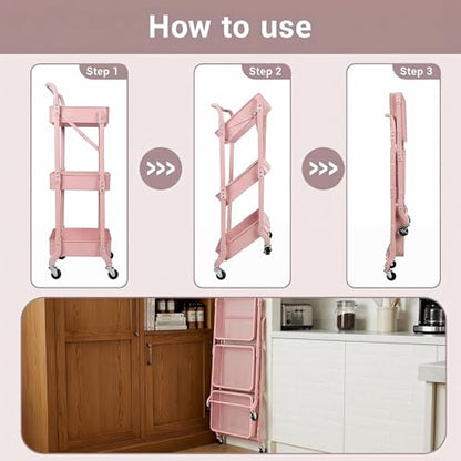 Amatic 3-Tier Folding Rolling Utility Cart with Wheels, Foldable Storage Cart Organizer with 3 Hanging Cups & 6 Hooks for Kitchen, Office, Living Room, Nursery(Pink) - color: Pink