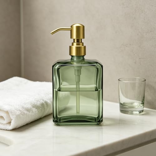 Green Glass Soap Dispenser Square 13.5 oz | Refillable, Rectangular, Rust Proof Stainless Steel Pump, For Bathroom Vanity & Kitchen Countertop - color: Green Bottle and Brushed Gold Pump, size: 13.5oz-Square