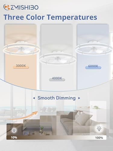 ZMISHIBO 24 Inch Ceiling Fans with Lights and Remote, Modern Low Profile Ceiling Fan, 3000-6000K Dimmable Flush Mount LED Fan Light, 6 Wind Speeds, Fandelier Ceiling Fans for Bedroom- White - color: White, size: 24 INCH