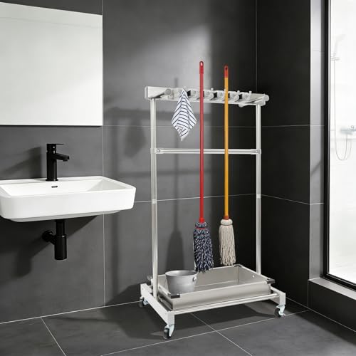 Broom and Mop Holder on Wheels, Load 440 LBS Movable Cleaning Cart Broom Storage Rack with Stainless Steel Basin,5 Mop Hanger Grippers, 12 Hooks, Garden Tool Stand for Garden,Hotels,Home