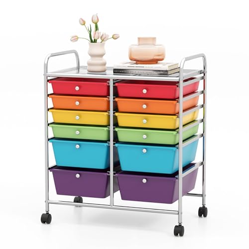 COSTWAY 12-Drawer Rolling Storage Cart, Moveable Art Craft Organizer W/Lockable Wheels, Metal Shelf, Files Arrangement Tools Makeup Storage Cart for Office, Home, School (Multi-Color) - color: Multicolor, size: 12 Drawer