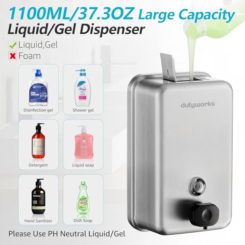 Commercial Soap Dispenser Wall Mount, 1100ML Stainless Steel Wall Mount Soap Dispenser, Leak-Proof Manual Pump for Bathroom Kitchen Office, Silver - size: 37.19 fl.oz./ 1100ml