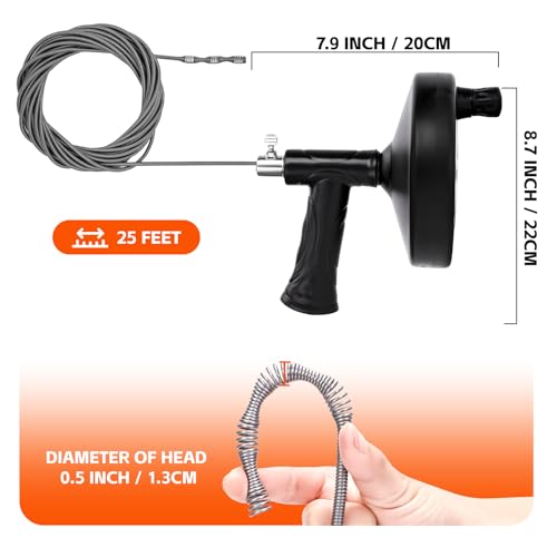 Drain Snake 25 Ft, Drain Auger Hair Clog Remover Heavy Duty Flexible Plumbing Snake Bathroom Kitchen Sink Cleaner Tools for Shower Bathtub Pipe