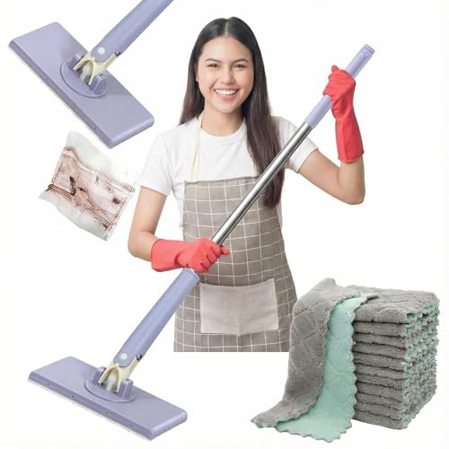 Snap Grip Mini Mop, Lazy Zero Touch Mini Mops with 10 Reusable Cloths, One-Click Cloth Change, Locking Head, Long Handle, Retractable Dust Mops for Multi-Surface Cleaning (Purple) - color: Purple
