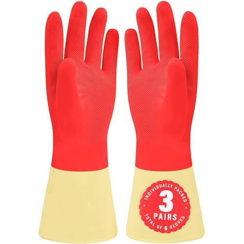 SteadMax Red Cleaning Gloves, Supreme Durability, Natural Rubber Latex Gloves - color: 3 Pack (L)