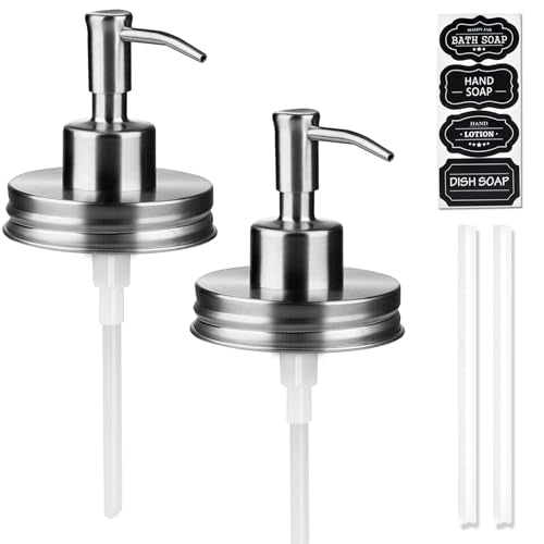 Amolliar Mason Jar Liquid Soap Dispenser Pump, Rust Proof Stainless Steel Lid, Refill Liquid Soap Pump for Kitchen, Bathroom, Cute Farmhouse Decor for Hand Soap, Dish Soap, Lotion Soap, Silver 2 Pack - color: Silver, size: With Lid 2 Pack