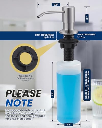 Built in Kitchen Sink Soap Dispenser: Stainless Steel Pump Head with 17 Ounce Large Soap Bottle, Easy Top Refill Design – No Bending Down for Countertop, Brushed Nickel - color: Brushed Nickel