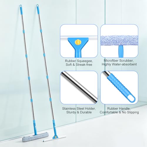 10 Feet Professional Squeegee Window Cleaner Tool with Extension Pole | Car Windshield Cleaning Kit with Long Handle, Queegee & Scrubber, Window Washing Equipment for Indoor Outdoor Windows & Glass
