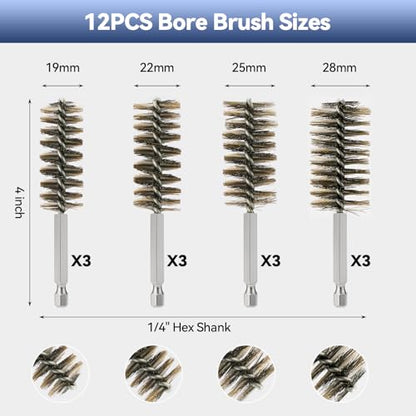 12 Pcs Wire Bore Brush for Drill，Stainless Steel Drill Brush Set，with 1/4 Inch Hex Shank, Power Drill Attachment for Polishing, Rust and Tube Cleaning (0.748"-1.102") - size: "L" 12PCS