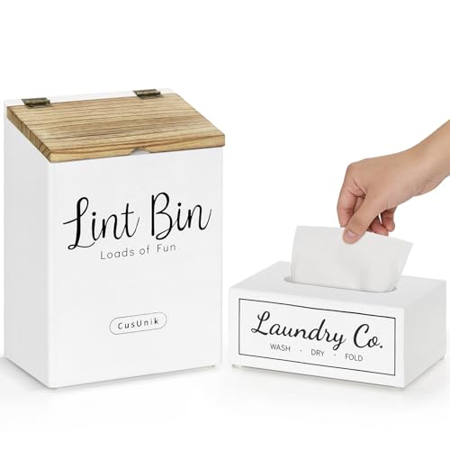 Magnetic Lint Bin and Dryer Sheet Holder Set for laundry room organization,Wall Mounted Laundry Organization and Storage,Wooden Lint Trash Can with Lid and dryer sheet dispenser,Laundry Room Trash Can - color: White