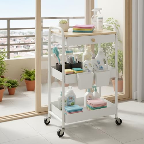 danpinera 3 Tier Rolling Cart with Wooden Table Top, White Rolling Utility Cart with Drawer & Locked Wheels, Easy Assembly for Nursery, Living Room, Studio - color: White, size: without pegboards