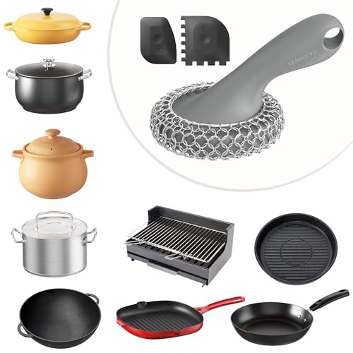 SUBEKYU Cast Iron Scrubber with Silicone Handle, Stainless Steel Skillet Cleaner for Cast Iron Pans (Gray Scrubber + Scraper) - color: Gray Scrubber + Scraper