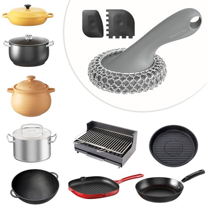 SUBEKYU Cast Iron Scrubber with Silicone Handle, Stainless Steel Skillet Cleaner for Cast Iron Pans (Gray Scrubber + Scraper) - color: Gray Scrubber + Scraper