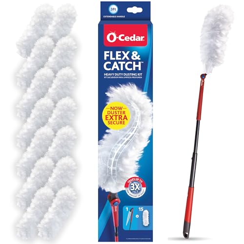 O-Cedar Flex & Catch Heavy Duty Dusting Kit with 15 Disposable Duster Refills | New & Improved Model | Extendable 3 Ft Handle with Stay-On Duster Hook | Traps 3X More Dust Than Feather Dusters - style: Dusting Kit + 15 Refills