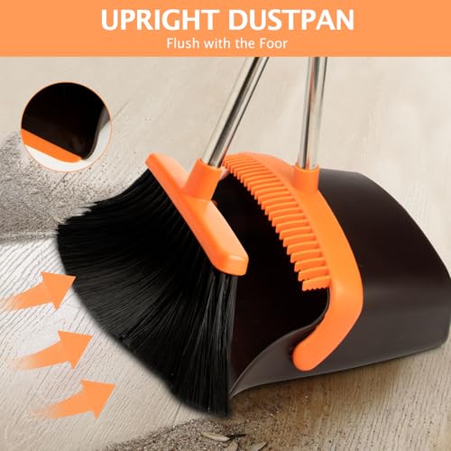 2-Pack Broom and Dustpan Set with Long Handle, Heavy Dust Broom and Dustpan Combo for Home，Kitchen, Office, Pet Hair (Brown Orange) - color: Brown Orange 2-pack