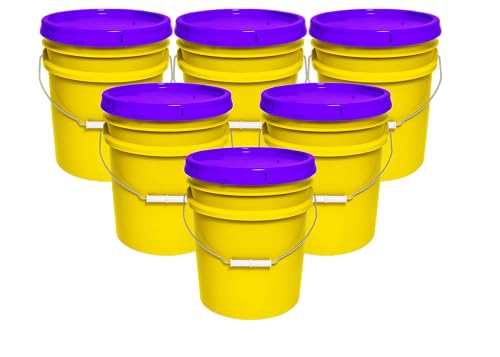 MKS Plastics 5-Gallon Bucket with Airtight Lid – Made in USA, Food Grade BPA Free Plastic, Heavy Duty Multi-Use, Metal Handle with Grip, Stackable Storage – Yellow, 6 Pack - color: Yellow, size: 6