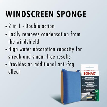 SONAX Windscreen Sponge 417100 | Dual Action Cleaning Tool for Streak Free Glass | Easily Removes Dirt Fog and Condensation from Windshields Windows and Mirrors | Compact and Reusable