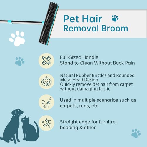 Carpet Rake 60" Long Handle, Pet Hair Removal Broom with Metal Fabric Edge | Carpet Scraper for Matted Carpet, Fluffs Carpets Rugs Mats, Works on Couch Stairs Furniture, Removes Dog Cat Pet Hair Easily