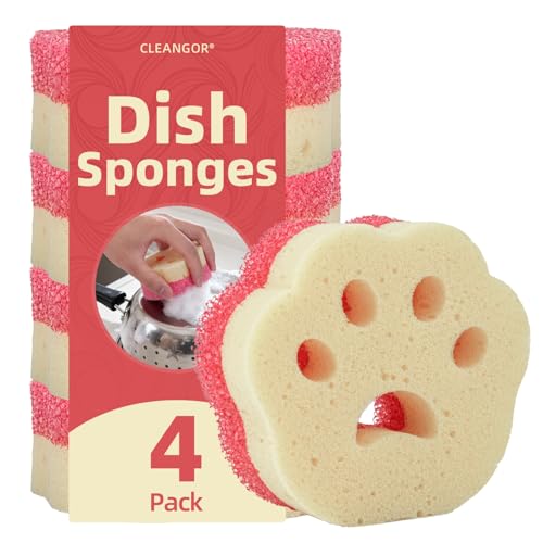 Cleangor 4pcs Scrub Sponges, Dual-Sided Temperature-Controlled Dish Sponges, Scratch-Free, Easy to Clean, Kitchen Cleaning Sponges for Tough Stains, Delicate Surfaces, Glassware, Cookware, Appliances