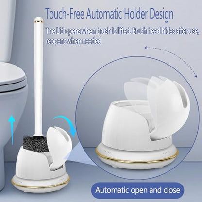 Gold and White Toilet Brush Set with Ergonomic Solid Long Handle, Auto-Opening Base, and Ventilated Base - Great for Bathroom and Toilet Cleaning, White and Gold Bathroom Accessories - size: 1 pack flip cover