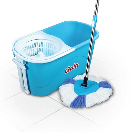 Gala e-Quick Spin Floor Cleaning Mop Set with 2 Microfiber Refills, Easy Wheels, Big Bucket & Wringer for Home, Household Cleaner Accessories (White & Blue)