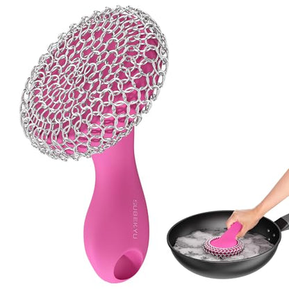 SUBEKYU Cast Iron Scrubber with Silicone Handle, Stainless Steel Skillet Cleaner for Cast Iron Pans (Pink) - color: Pink