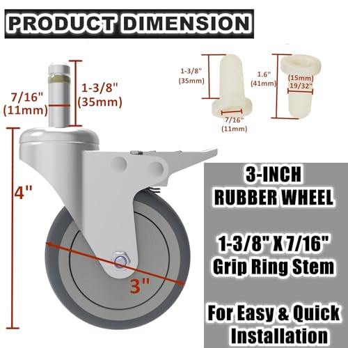 RILIDRI 3-Inch Swivel Stem Caster, 7/16-Inch Stem Diameter Rubber Wheel, Heavy Duty TPR Replacement Wheels for Rubbermaid Mop Bucket Cart Grill Casters - 4 Pack (2 Brakes 2 Swivel) - style: 3 Inch-175LB (2 Double Brakes)