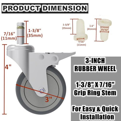 RILIDRI 3-Inch Swivel Stem Caster, 7/16-Inch Stem Diameter Rubber Wheel, Heavy Duty TPR Replacement Wheels for Rubbermaid Mop Bucket Cart Grill Casters - 4 Pack (2 Brakes 2 Swivel) - style: 3 Inch-175LB (2 Double Brakes)