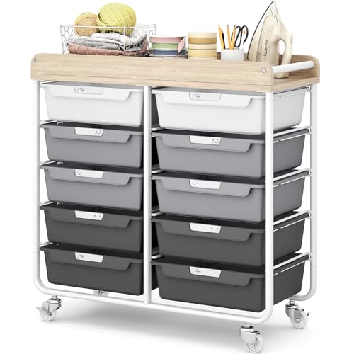 10 Drawers Rolling Cart with Wooden Tabletop, Utility Storage Cart with Wheels, Art Supply Craft Organizer on Wheel with Metal Frame & Handles for Home Office School,Grey - color: Grey