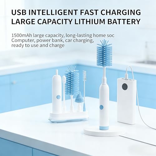 Rechargeable Electric Bottle Brush with Stand - 360° Spin Silicone Cleaner for Baby Bottles, Breast Pumps & Small Household Containers (Sea Blue) - color: Sea Blue
