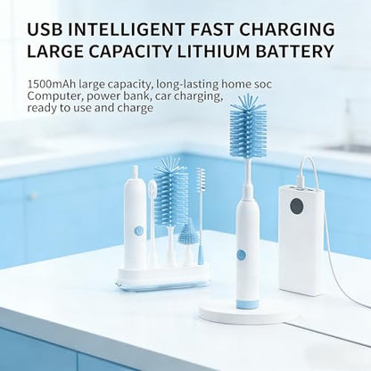 Rechargeable Electric Bottle Brush with Stand - 360° Spin Silicone Cleaner for Baby Bottles, Breast Pumps & Small Household Containers (Sea Blue) - color: Sea Blue